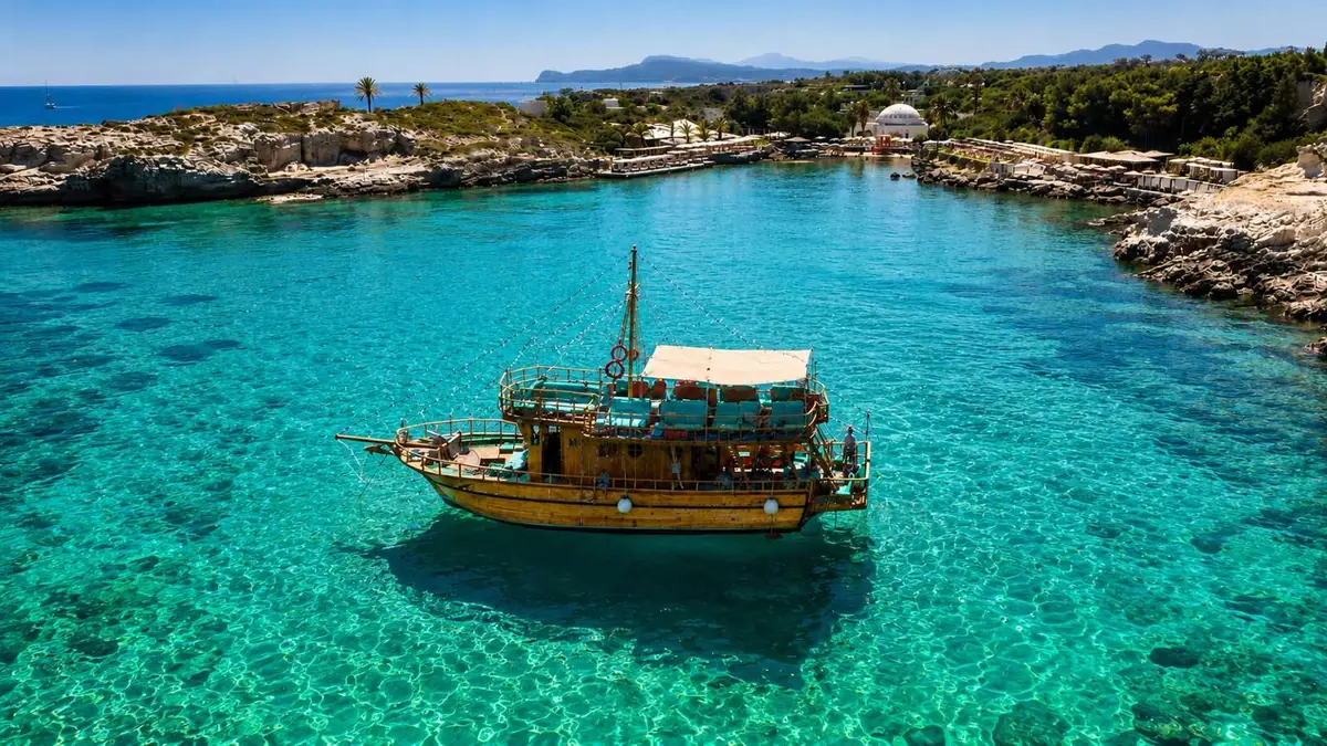 The wooden boat off the coast of Rhodes