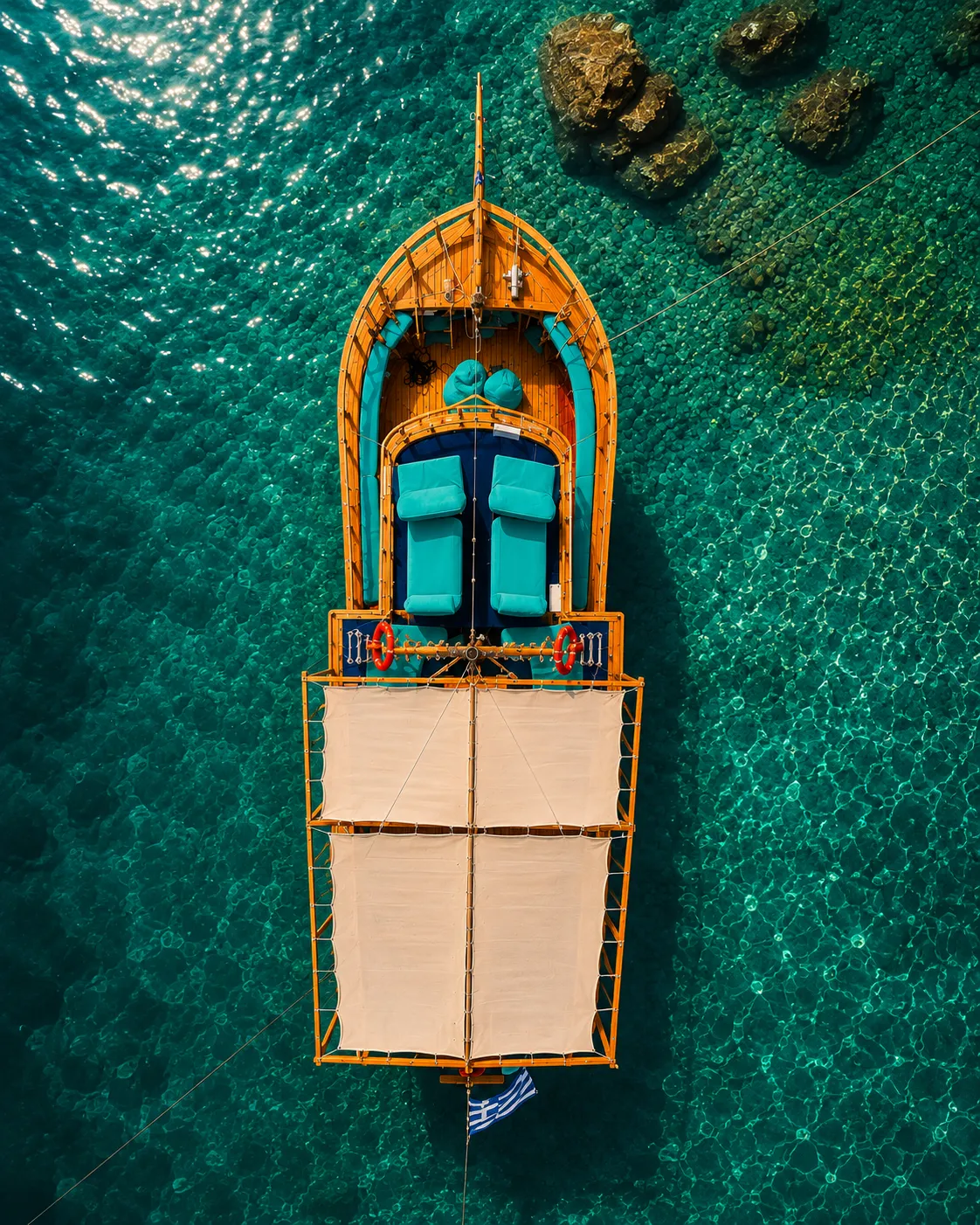 A handcrafted wooden sailing boat anchored in turquoise Aegean water at golden hour, off the coast of Rhodes.